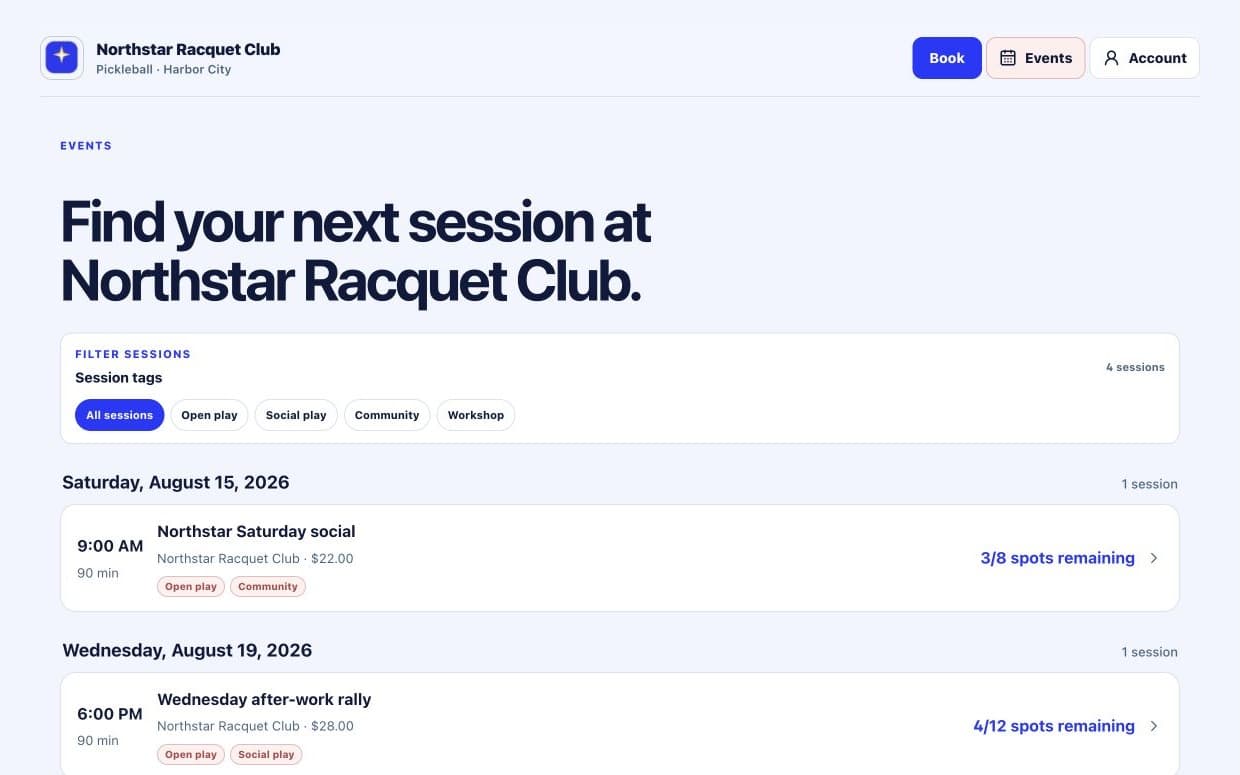 Northstar Racquet Club events catalogue showing social sessions in a bright club theme